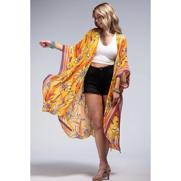 Sunrise Vibrant Floral Print & Stripe Border Open Kimono Wrap Coverup Top - Picture 2 of 6